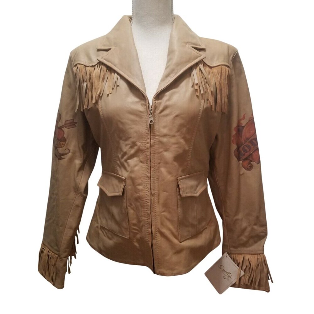 Vintage Scully Leather Jacket Fringe Rodeo Cowboy Love Ladies Size L Camel